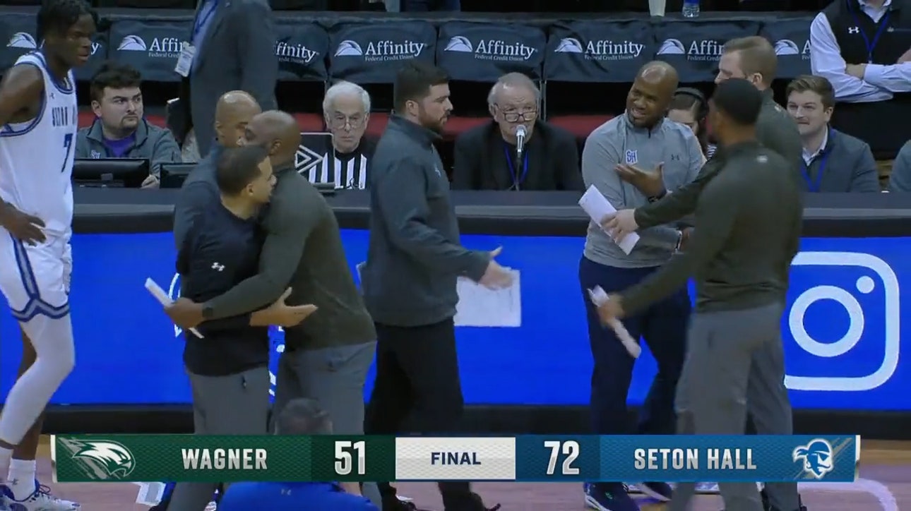 Seton Hall head coach Shaheen Holloway gets HEATED in a physical postgame handshake line with Wagner coach Donald Copeland