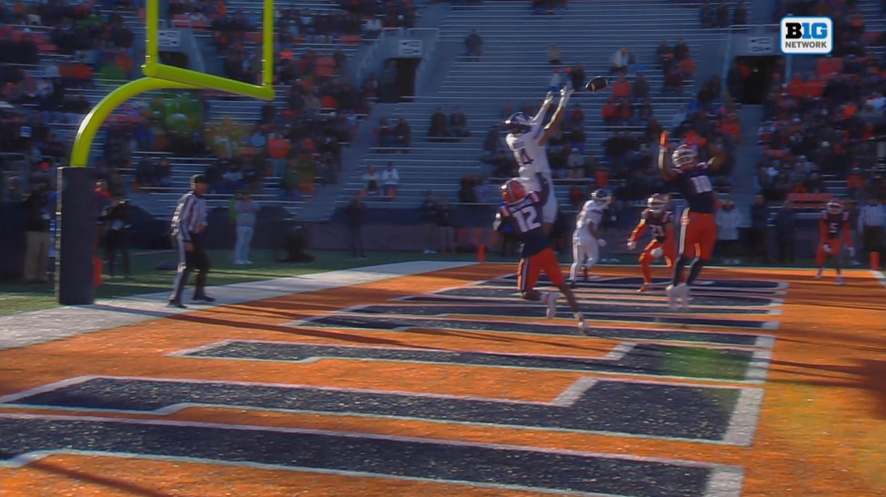 Northwestern's Ben Bryant hits Cam Johnson for the ten yard touchdown strike to give Wildcats the lead against Illinois