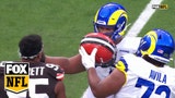 Myles Garrett's helmet gets caught on Alaric Jackson's face mask in awkward encounter during Browns vs. Rams game
