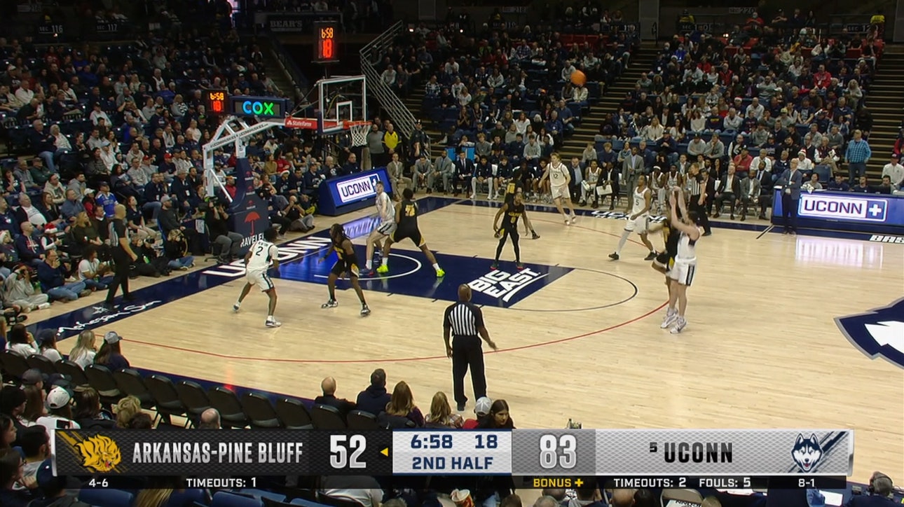 Alex Karaban knocks down his sixth 3-pointer to seal UConn's dominant 101-63 win over UAPB