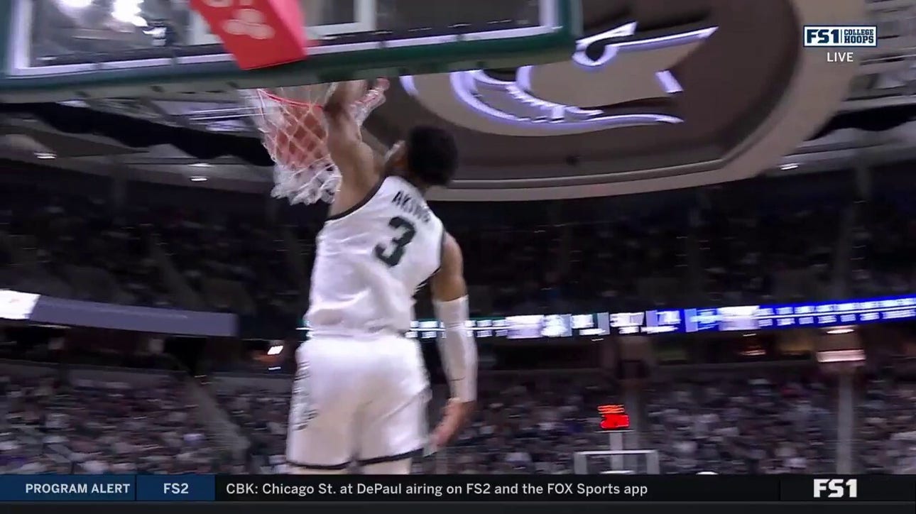 Jaden Akins attacks the rim with a STRONG tomahawk slam to seal Michigan State's dominant 87-75 victory over Indiana State