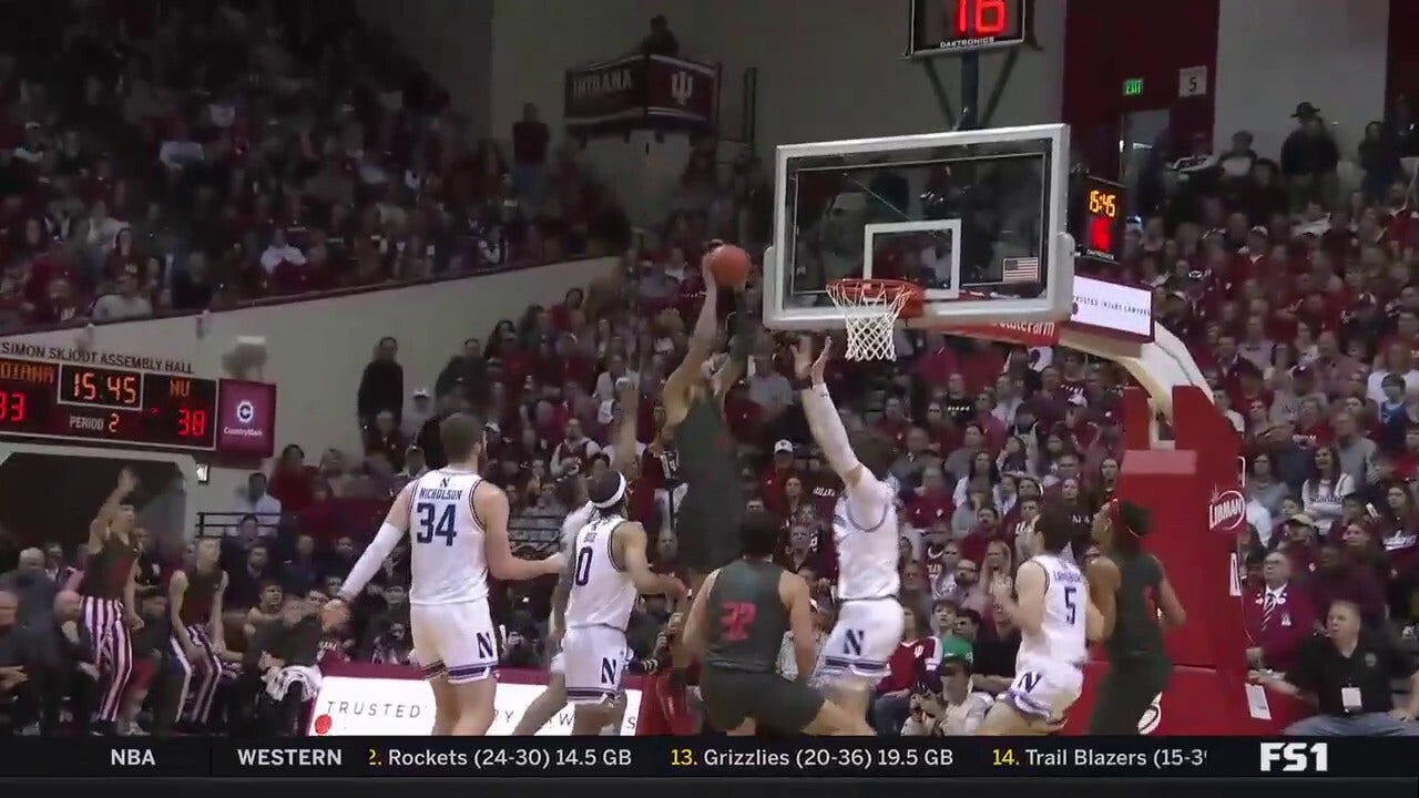 Indiana's Kel'el Ware hammers home an alley-oop dunk 