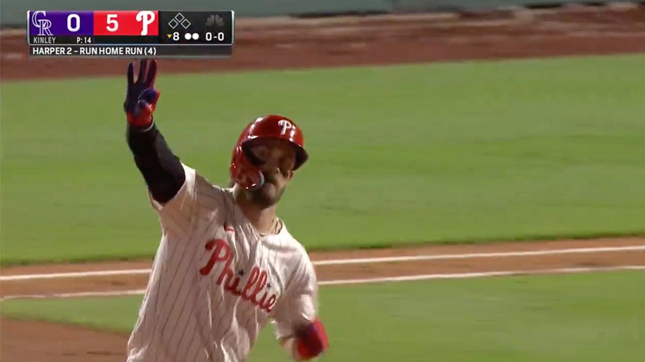 Bryce Harper hammers a two-run homer and extends the Phillies' lead vs. the Rockies