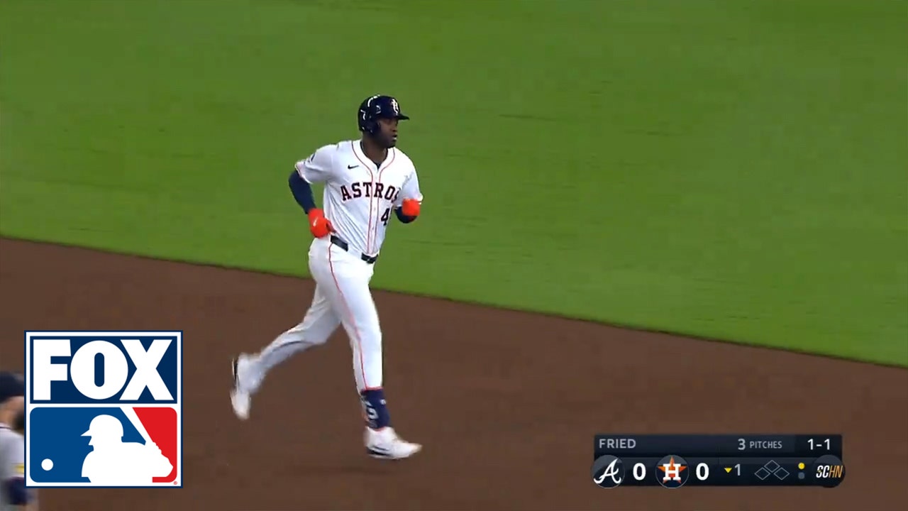 Yordan Alvarez BLASTS a first-inning home run to give the Astros an early 1-0 lead over the Braves