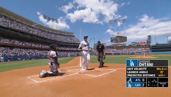 Dodgers' Shohei Ohtani crushes his ninth home run of the season, a two-run shot vs. the Braves