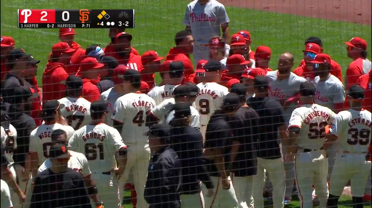 Benches clear in San Francisco after close-call pitch with Phillies' Bryce Harper