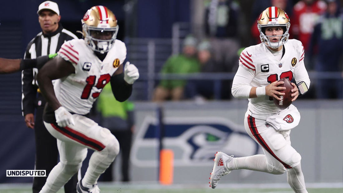 Deebo Samuel of the San Francisco 49ers looks on against the Los