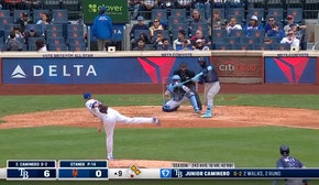 Rays' Junior Caminero smashes a three-run home run, pointing to his dad as he runs the bases