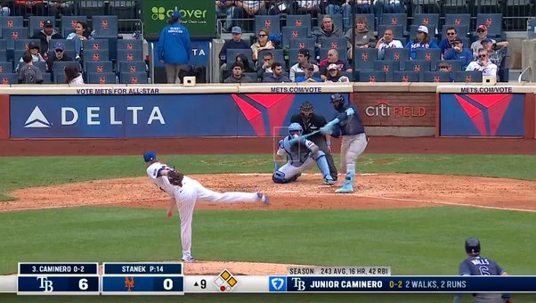 Rays' Junior Caminero smashes a three-run home run, pointing to his dad as he runs the bases