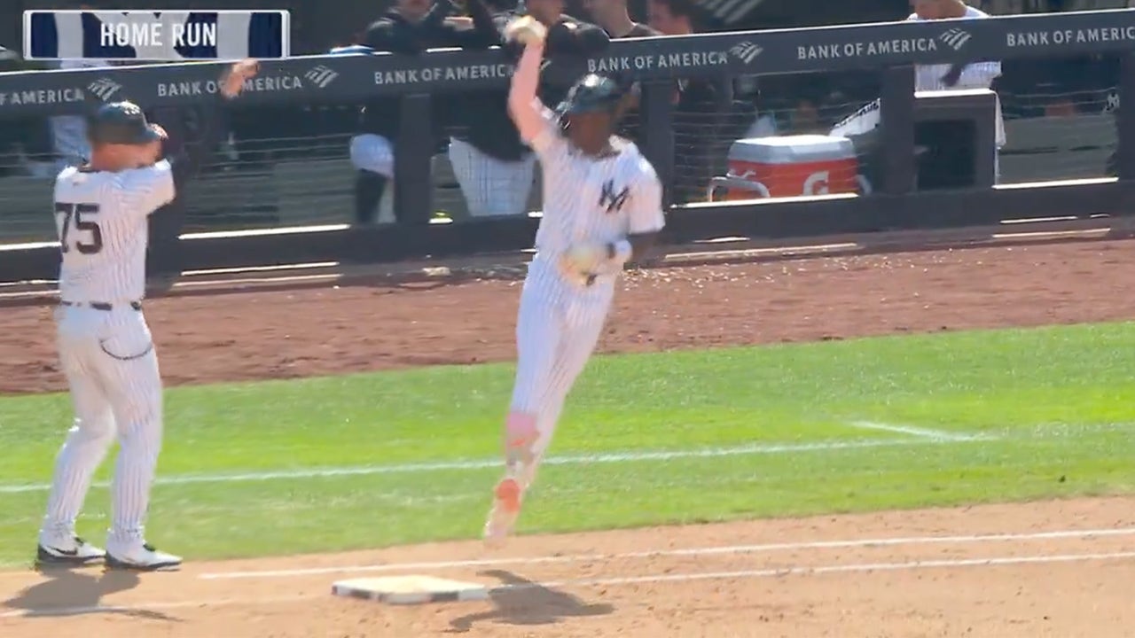 Yankees' Jazz Chisholm Jr. launches a no-doubt home run to center field against the Rangers