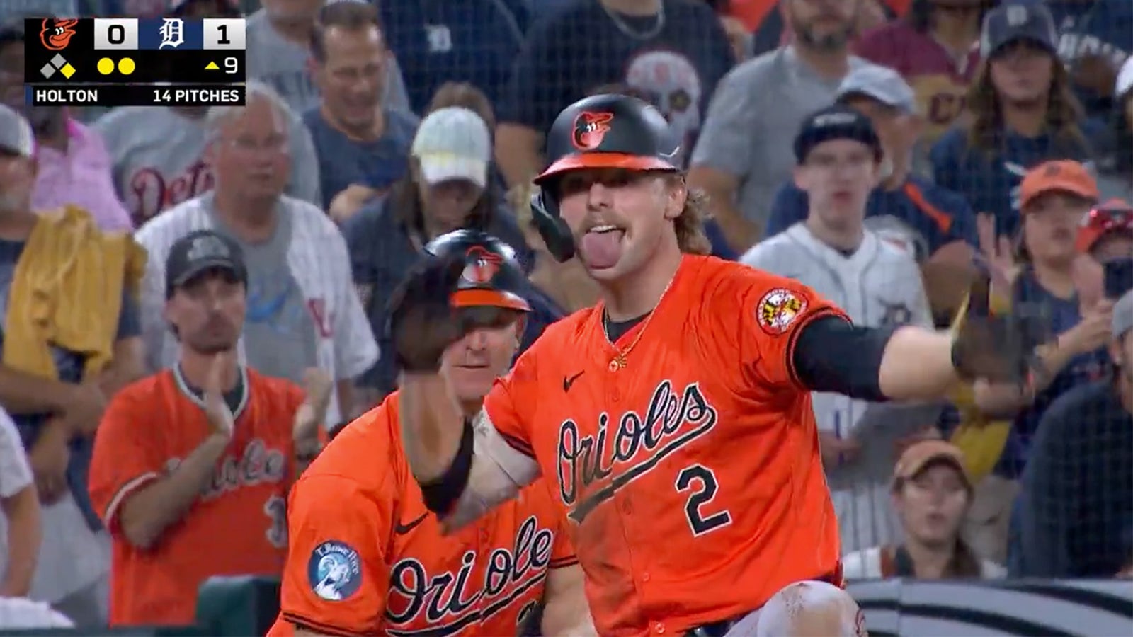 Gunnar Henderson of the Orioles breaks the Tigers' combined no-hitter with two outs in the ninth