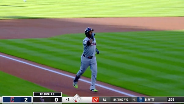 José Ramírez sends a two-run homer to right field, giving the Guardians an early lead over the Rockies