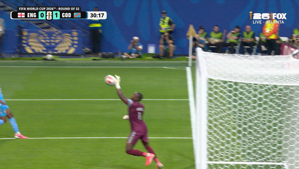 DR Congo's Lionnel Mpasi makes incredible save preventing England's Jude Bellingham from converting header | 2026 FIFA World Cup™