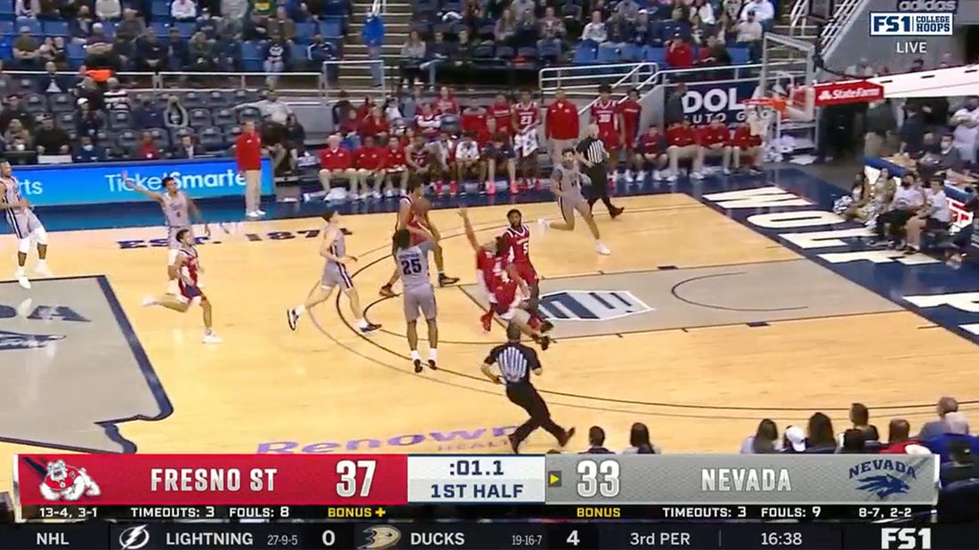 Nevada's Grant Sherfield hits the 3-point buzzer beater to cut into Fresno State's lead