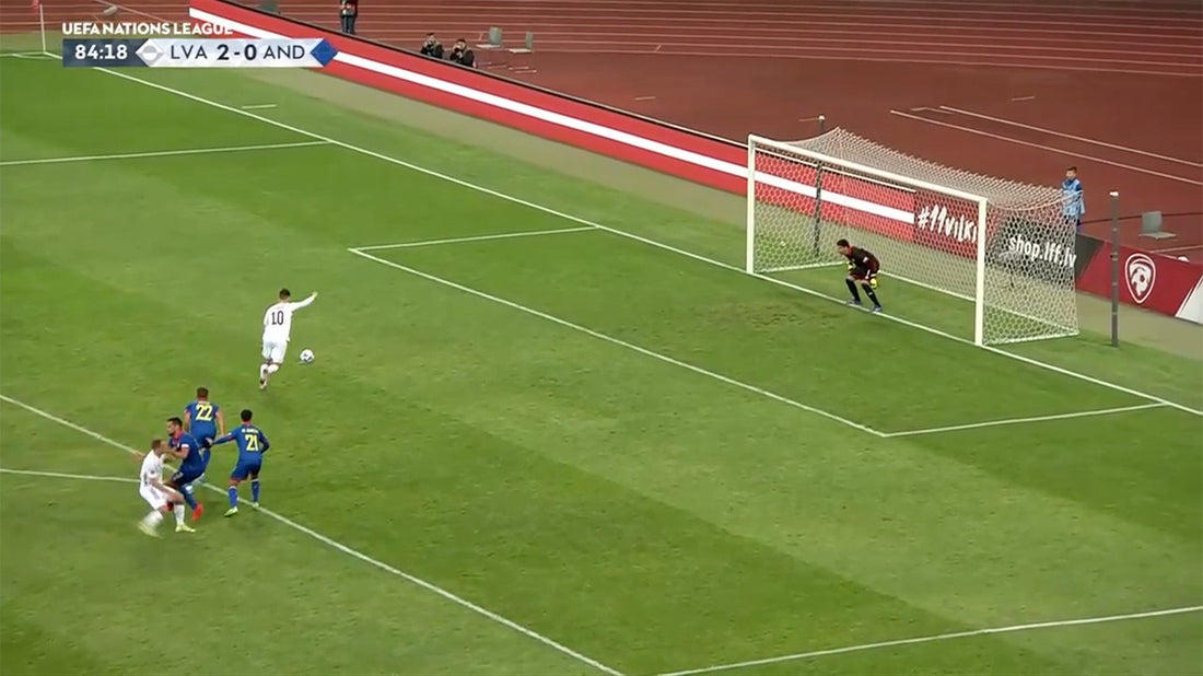Janis Ikaunieks' penalty strike adds to Latvia's lead over Andorra, 3-0