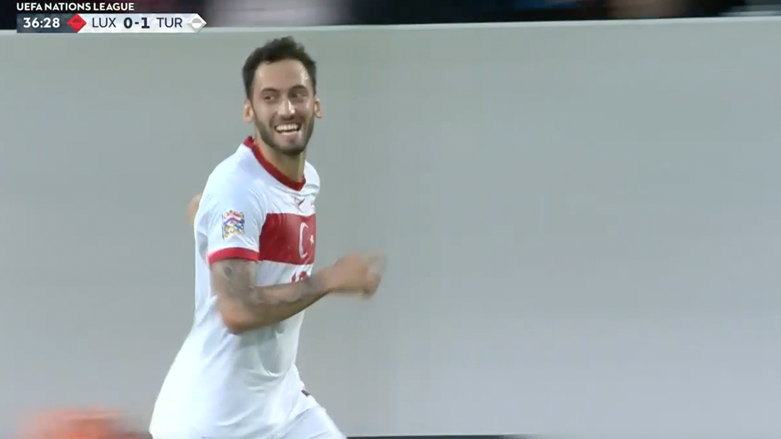 Turkey takes a 1-0 lead after a Luxemborg handball results in a Hakan Calhanoglu goal