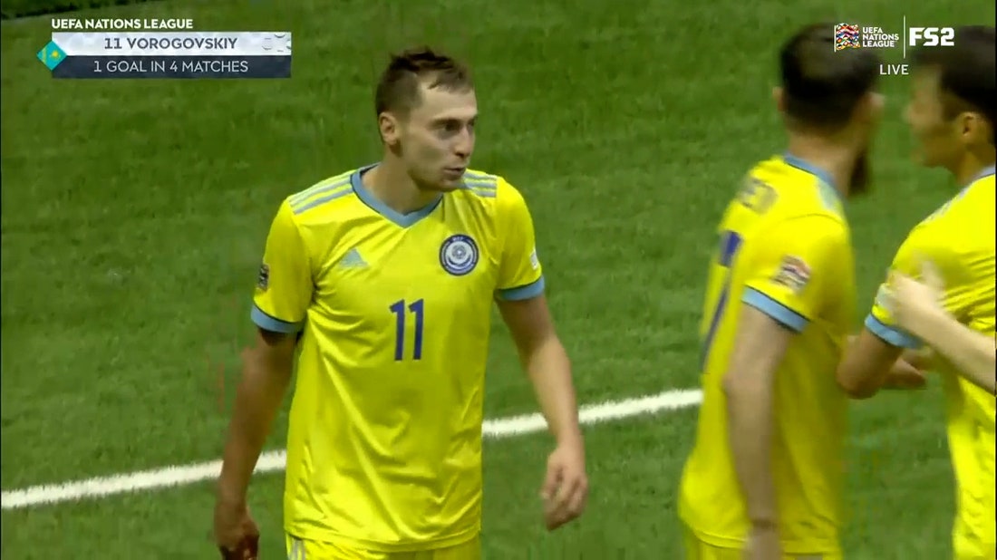 Yan Vorogovskiy gives Kazakhstan a 1-0 lead over Slovakia