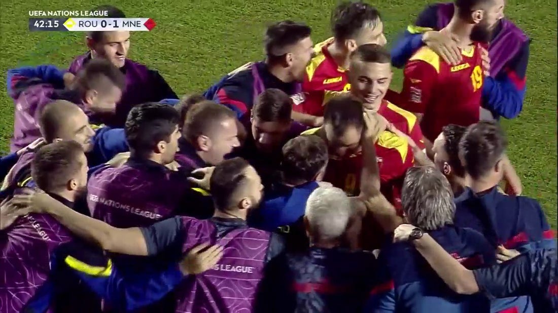 Stefan Mugosa's header gives Montenegro a 1-0 advantage over Romania