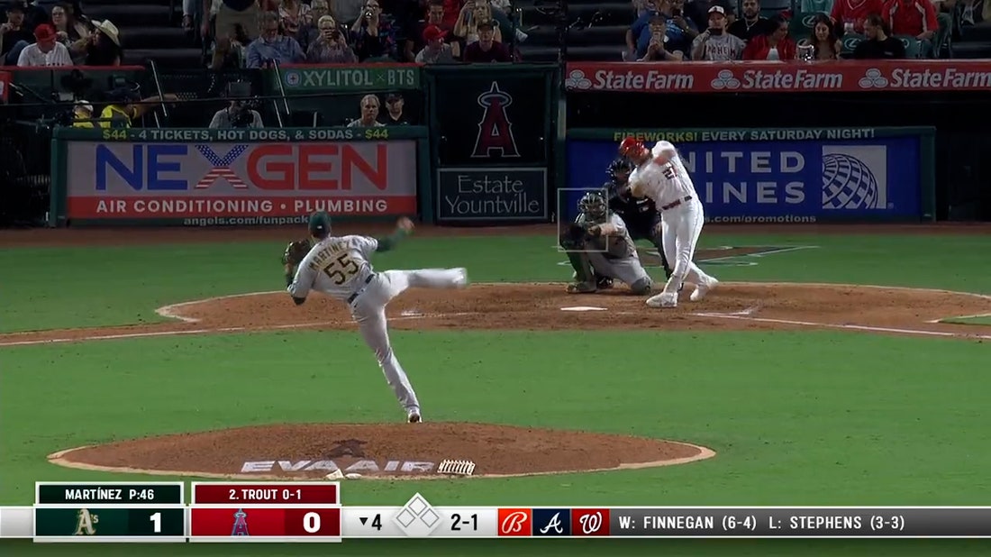 Mike Trout cranks his 38th home run of the season to tie the game against the Athletics