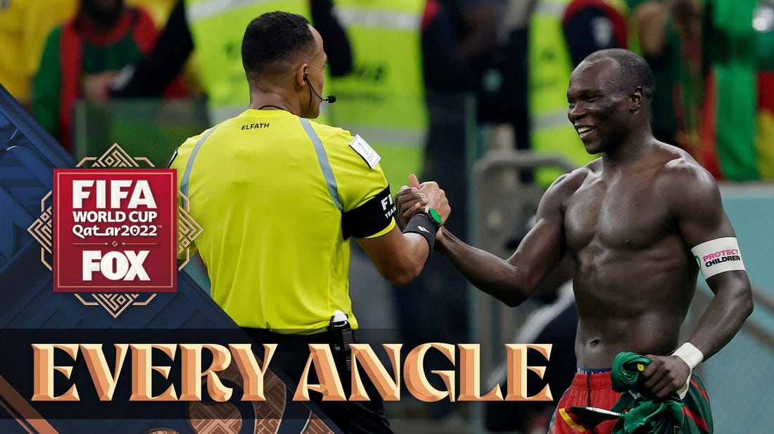 Cameroon's Vincent Aboubakar receives a RED CARD for taking his shirt off in the 2022 FIFA World Cup