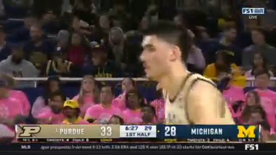 Zach Edey shows his reach with a jump hook to extend Purdue's lead over Michigan
