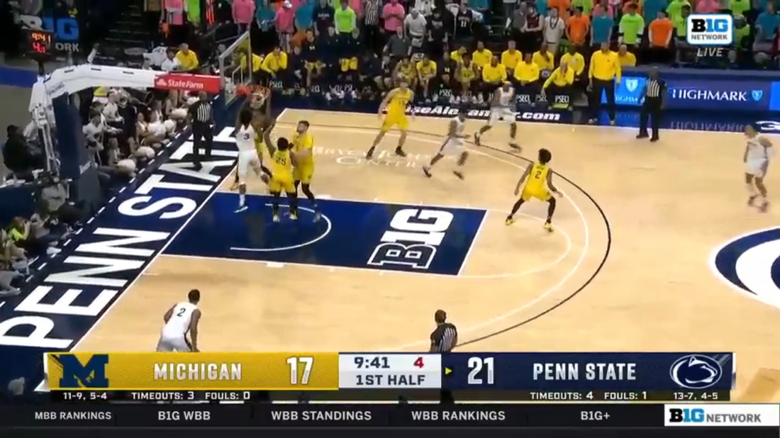 Kebba Njie puts down a two-handed flush to extend Penn State's lead over Michigan