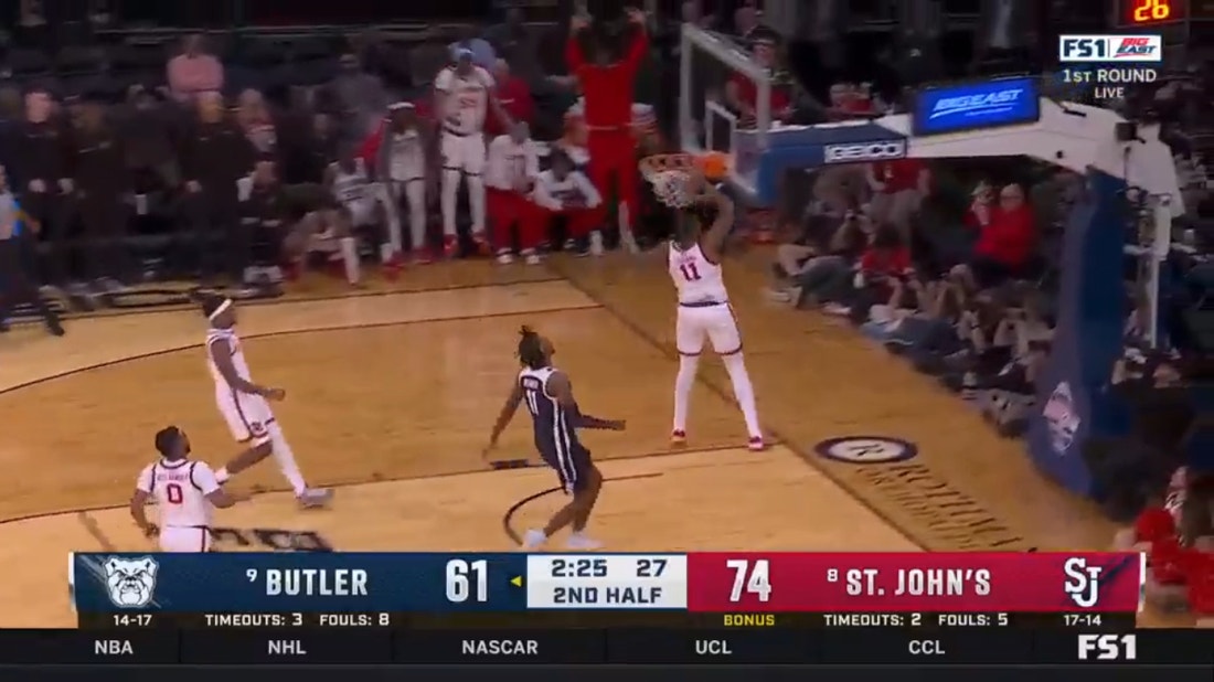 St. John's Joel Soriano hammers home a fast-break jam after Butler turnover