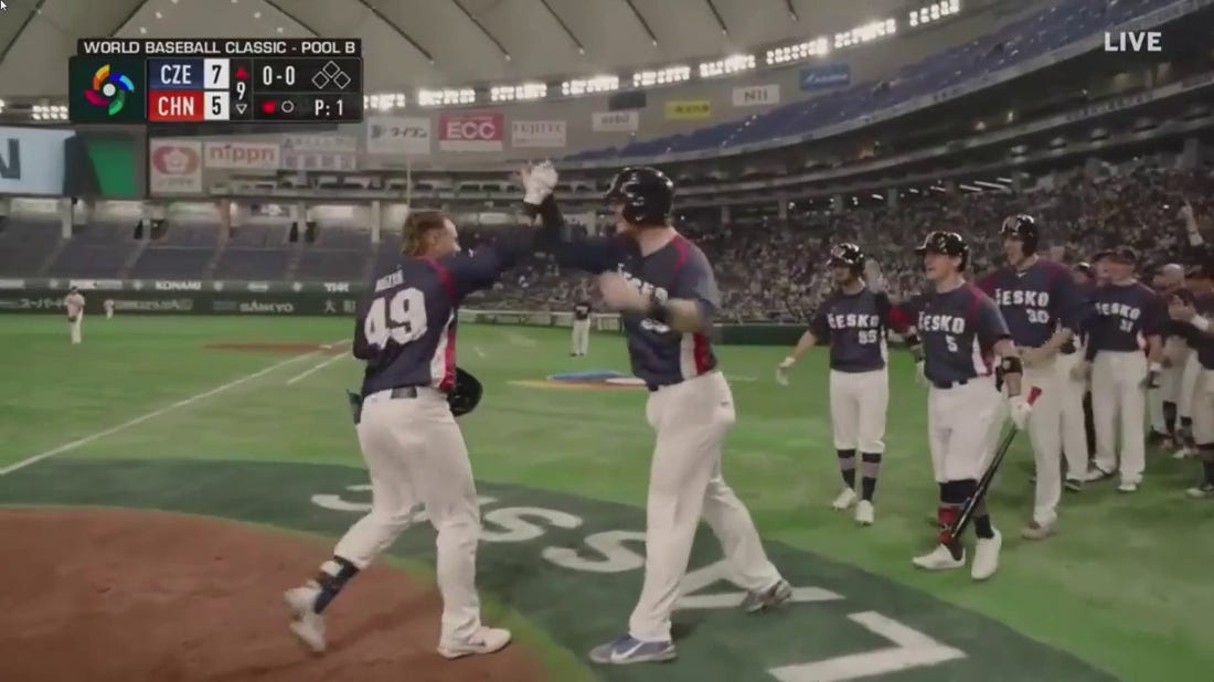 Martin Muzik hits a go-ahead, three-run home run to give the Czech Republic the lead over China in the top of the ninth inning
