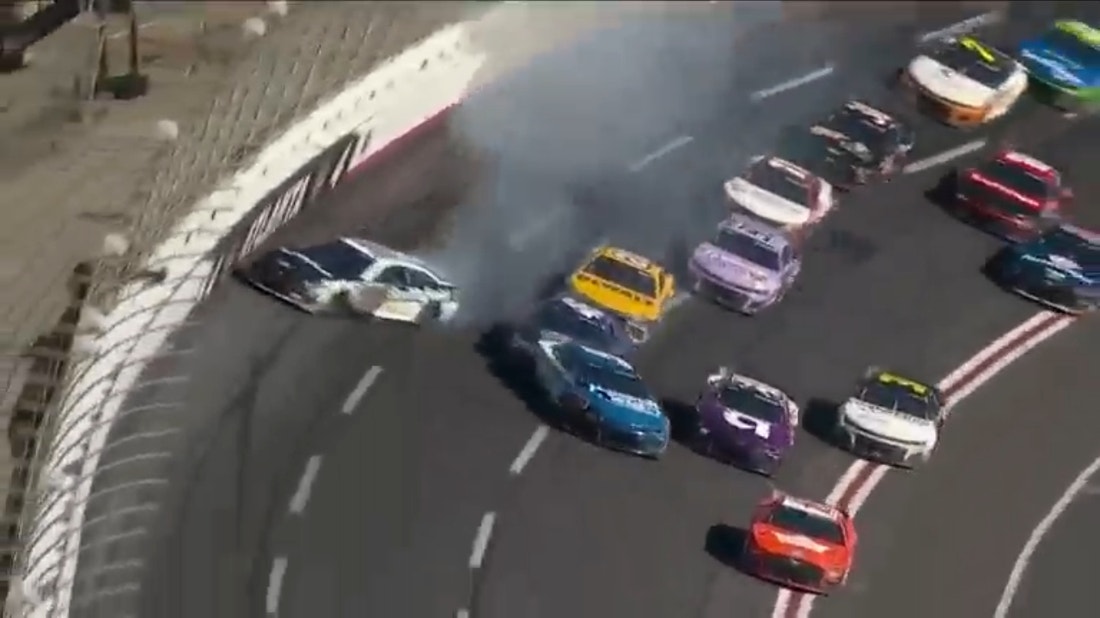 Race leader Aric Almirola spun out and wrecks into second place Kyle Larson at the Ambetter Health 400