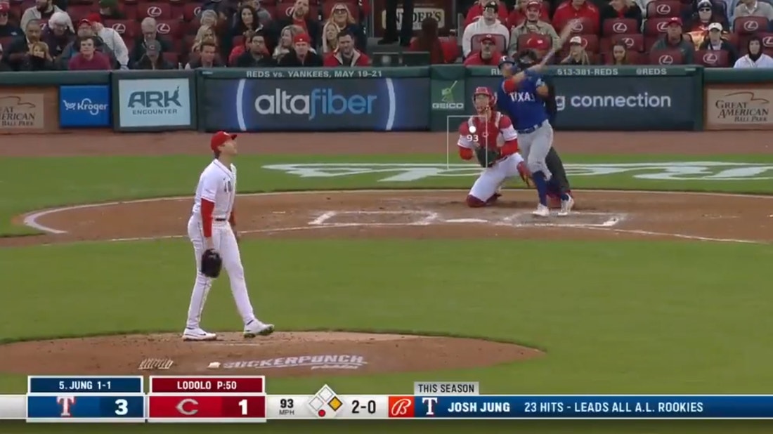 Rangers' Josh Jung muscles a two-run homer to the concourse for his second long ball of the game