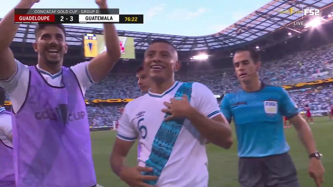 Carlos Anselmo Mejia Del Cid finds the net to give Guatemala a 3-2 lead over Guadeloupe