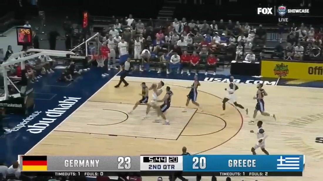 Franz Wagner goes coast-to-coast for the bucket and the foul, extending Germany's lead vs. Greece
