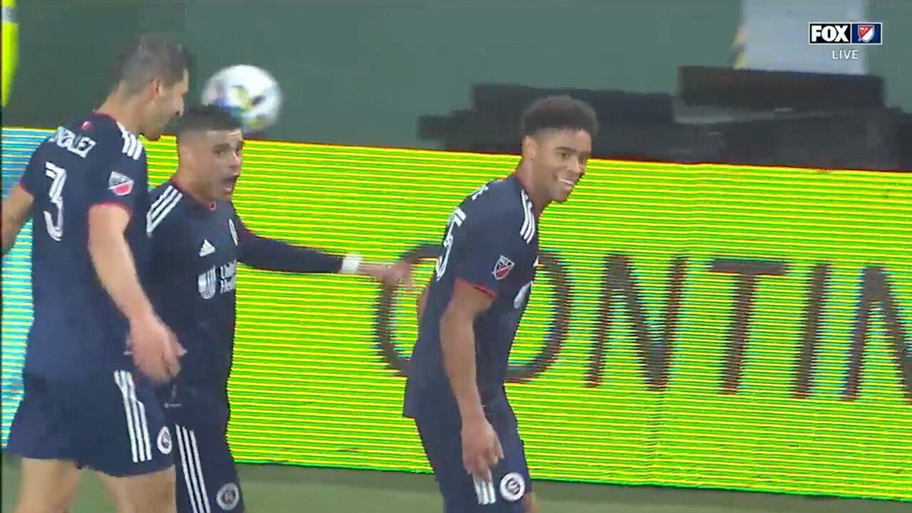 Brandon Bye scores New England's first MLS goal of the season by converting a WICKED header