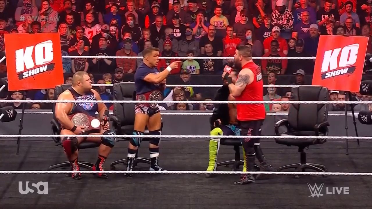 Kevin Owens hits Otis with a Stunner as Seth Rollins cheers him on