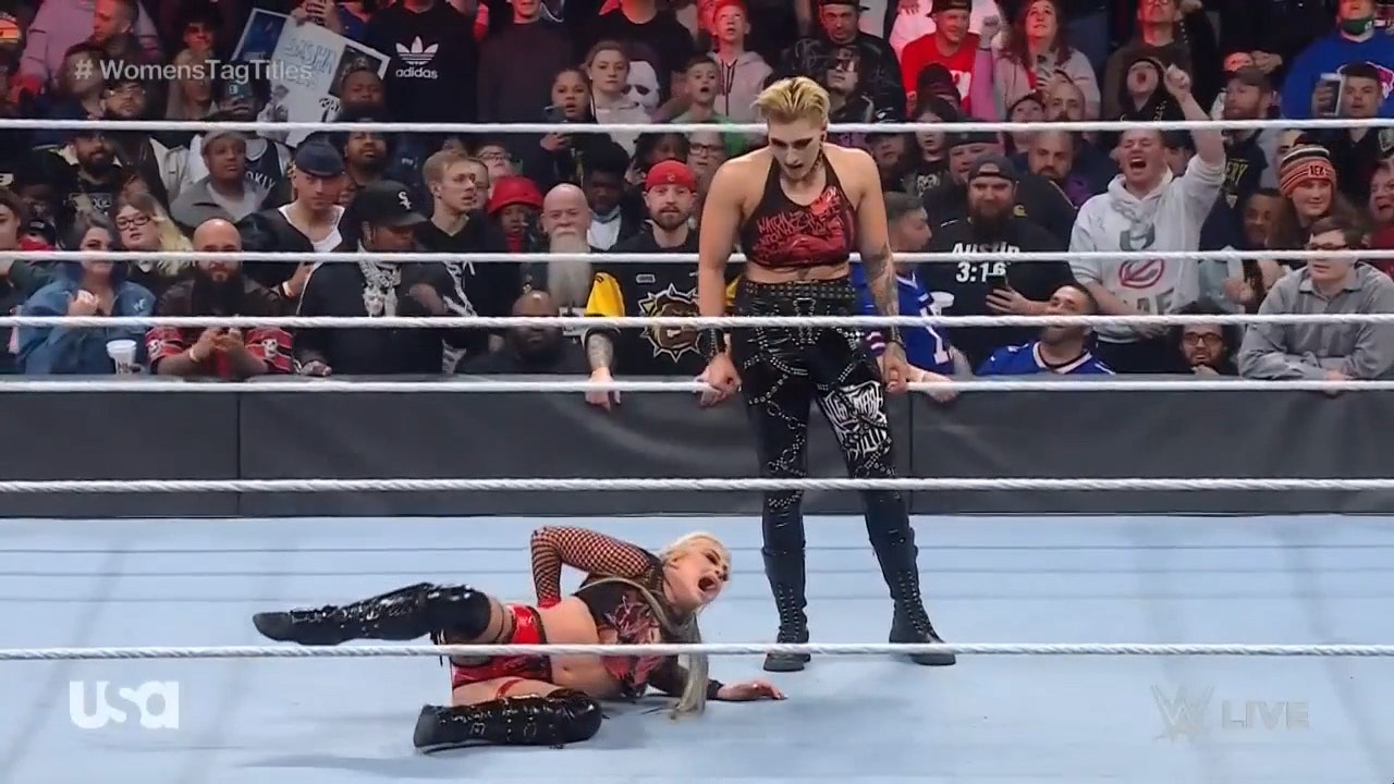 Rhea Ripley attacks Liv Morgan after losing the Tag Team Title Match to Sasha Banks and Naomi I WWE on FOX