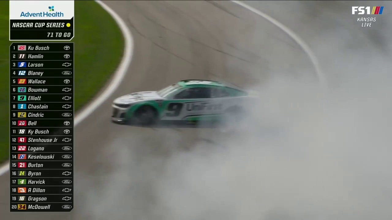 Chase Elliott blows a tire, spins out