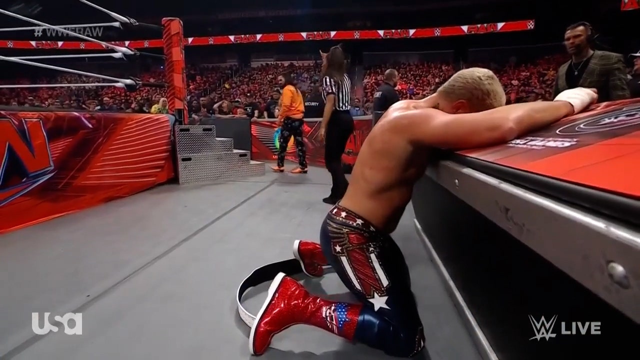 Cody Rhodes assaulted by Seth Rollins during matchup with The Miz I WWE on FOX