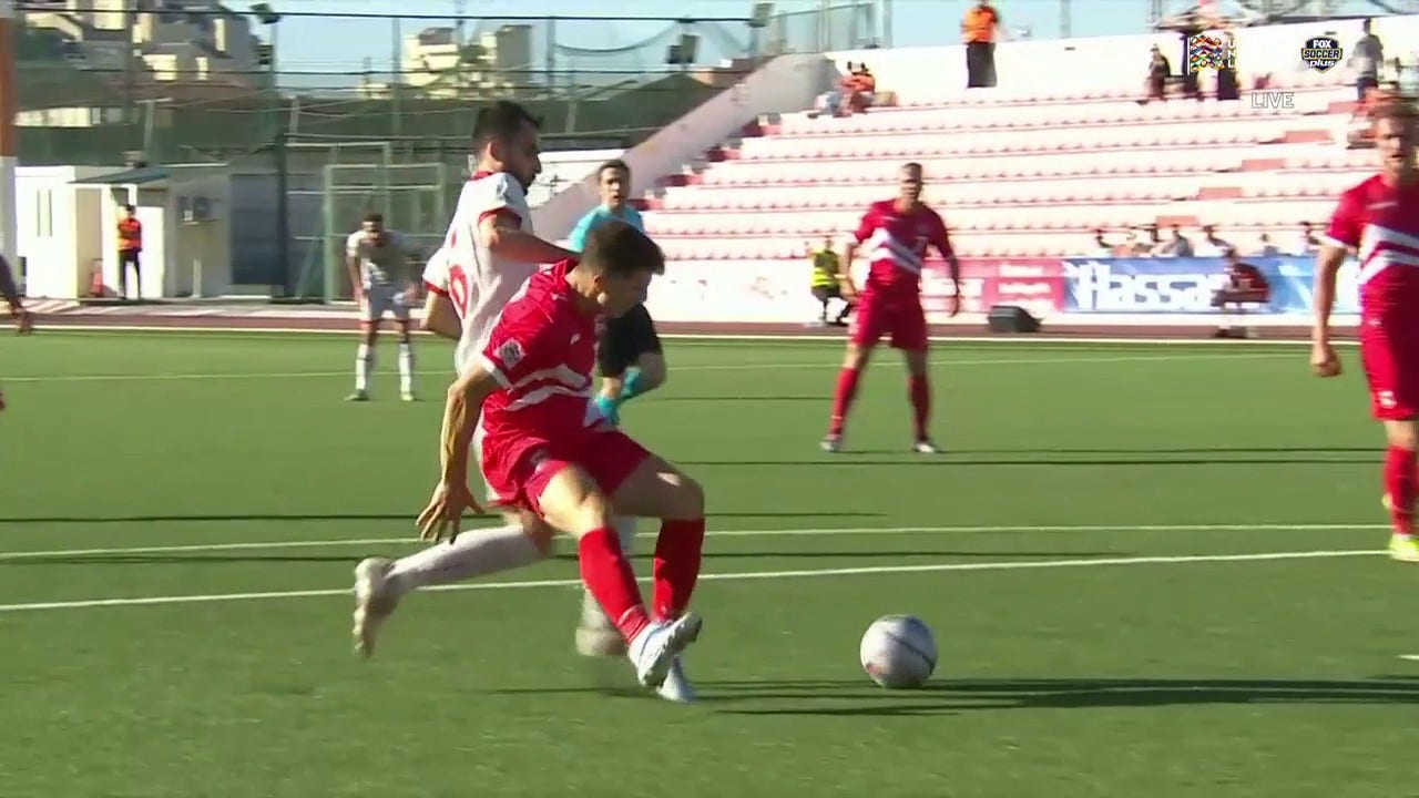 Boban Nikolov powers past Gibraltar for North Macedonia's second goal, 2-0