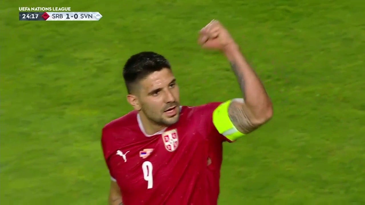 Aleksandar Mitrovic's header goes past Jan Oblak to give Serbia a 1-0 lead