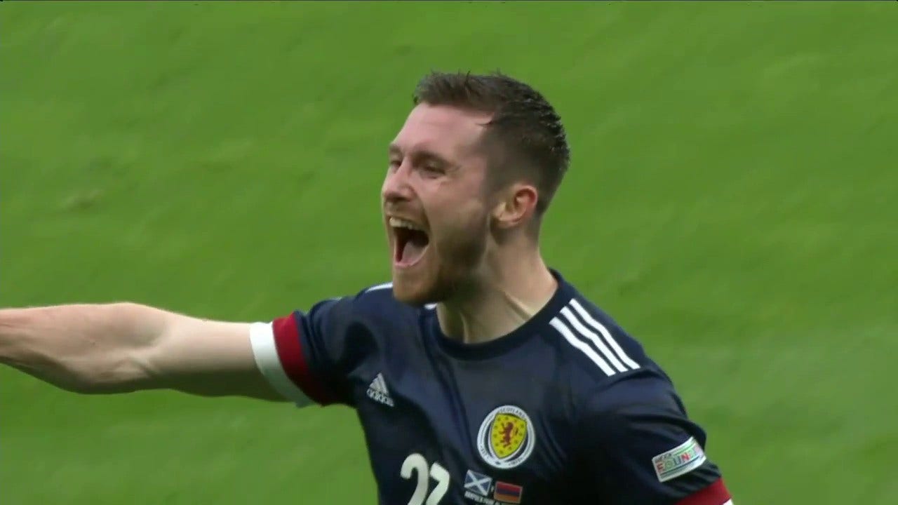 Scotland takes a 1-0 lead on Tony Ralston's header in the 28th minute