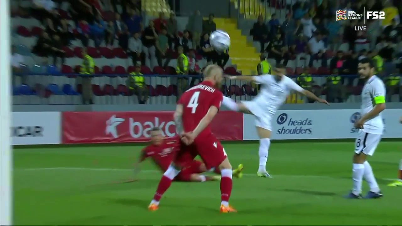 Mahir Emreli strikes the ball perfectly for this opposite corner goal for Azerbaijan, 1-0