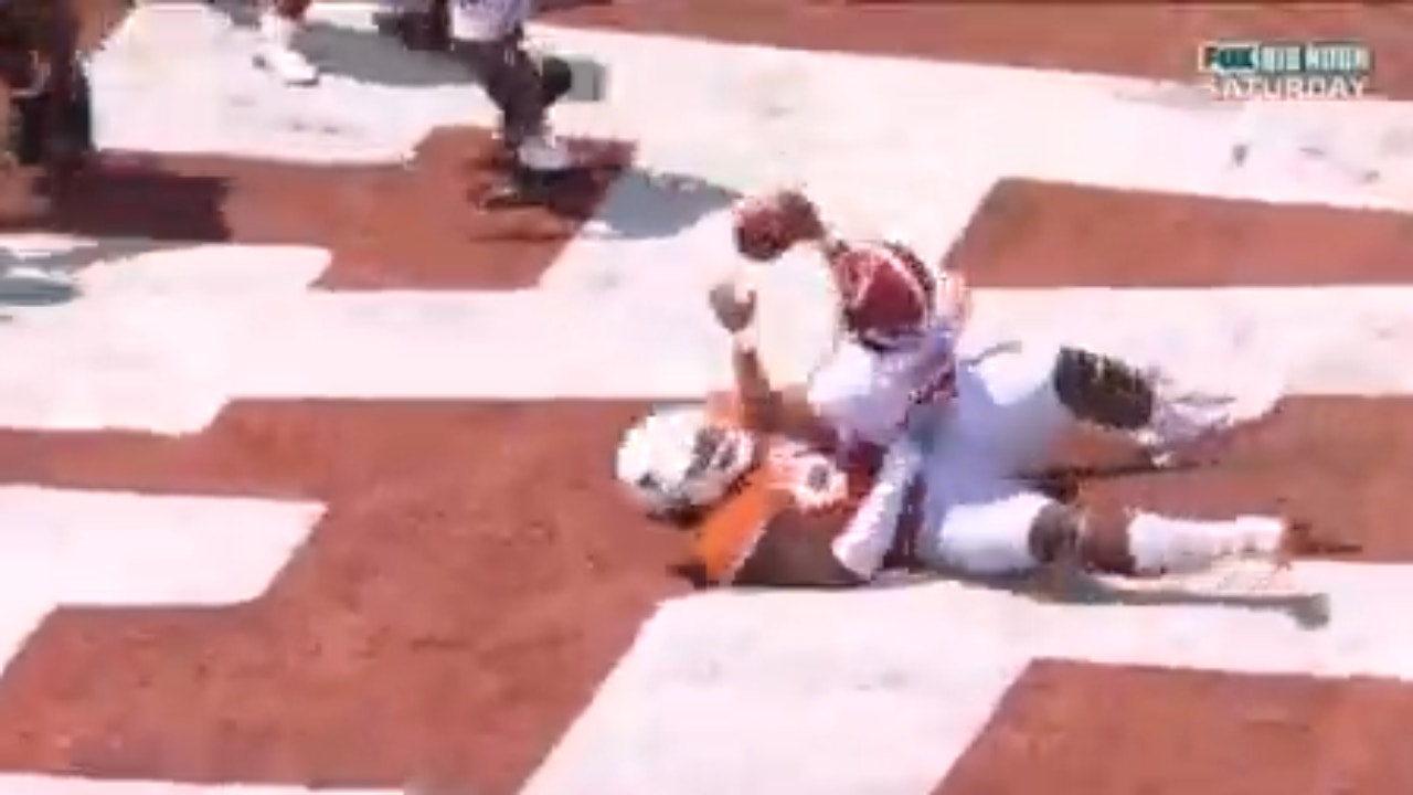 A WILD sequence involving an overturned safety, roughing the passer call and targeting in Alabama-Texas