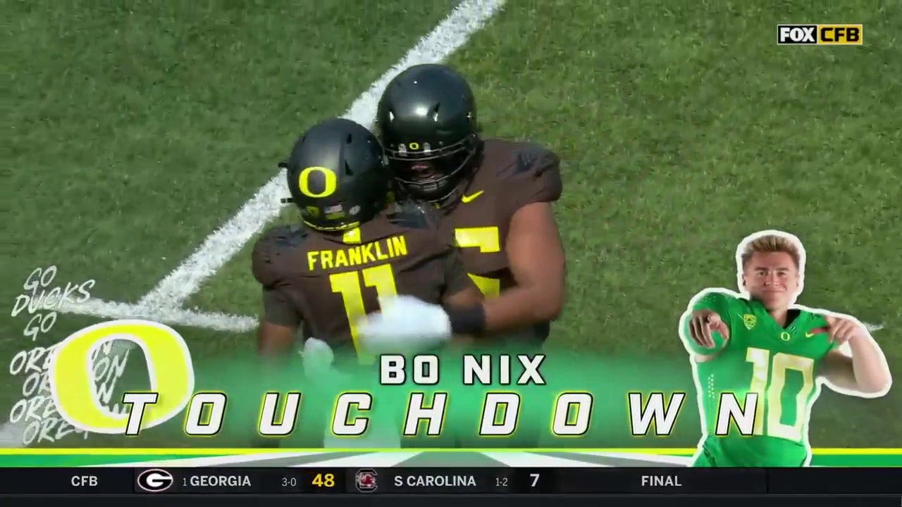 Oregon takes a 17-7 lead over BYU after Bo Nix completes a 50-yard pass to Troy Franklin then punches it in from two yards out