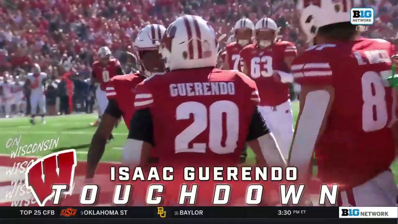 Wisconsin takes a 7-0 lead after Graham Mertz links up with Isaac Guerendo for a 21-yard touchdown