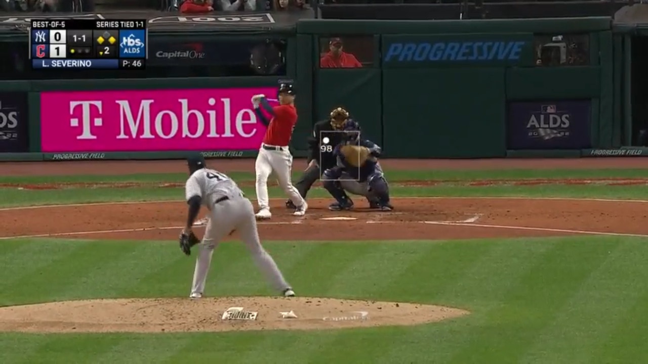 Steven Kwan lines an RBI single off Luis Severino to extend Cleveland's lead to 2-0