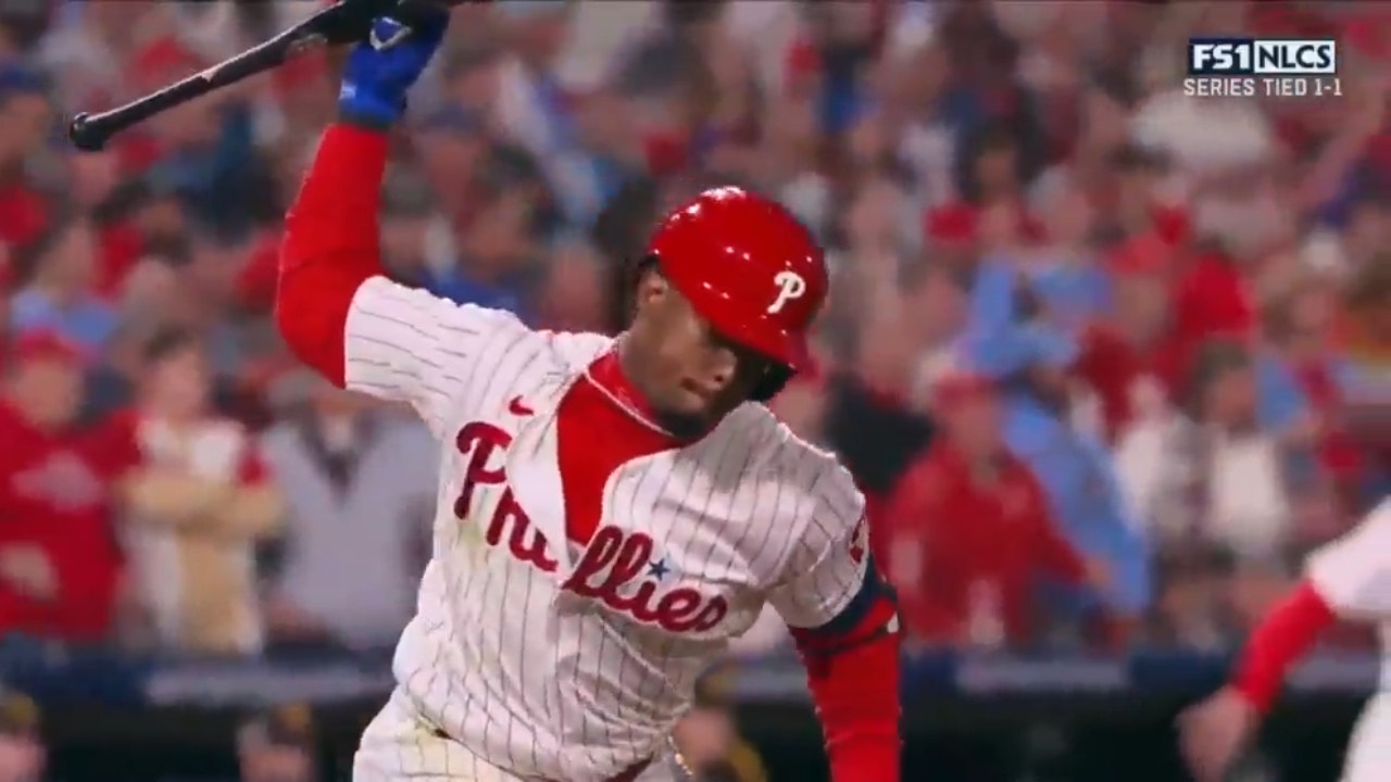 Phillies' Jean Segura drives in two with a single and slams bat afterwards as Phillies take a 3-1 lead