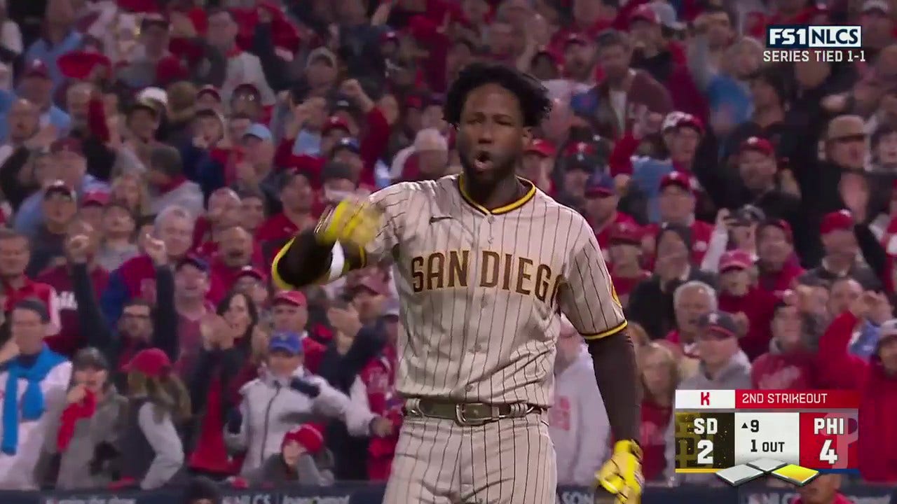 Padres' Jurickson Profar is ejected after arguing a strike three call by the home plate umpire