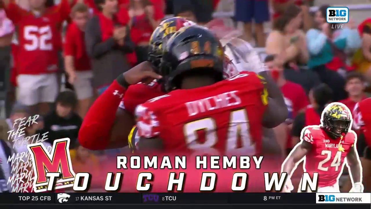 Maryland's Roman Hemby runs in an 18-yard touchdown making the score an even 17-17