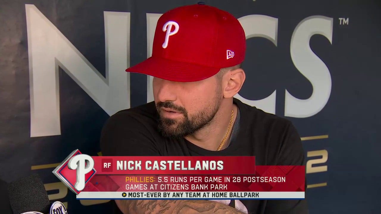 Phillies' Nick Castellanos speaks with Ken Rosenthal before Game 4 of the NLCS