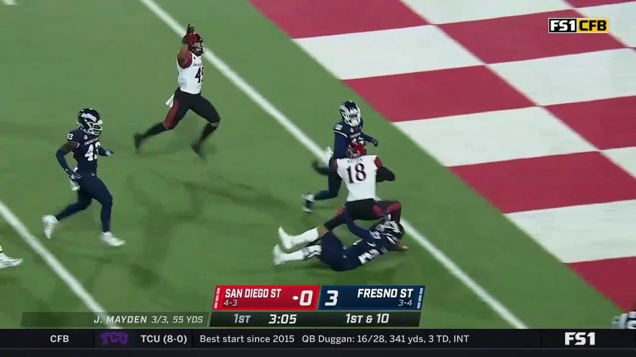 Aztecs' Jalen Mayden breaks a 28-yard quarterback scramble for a touchdown